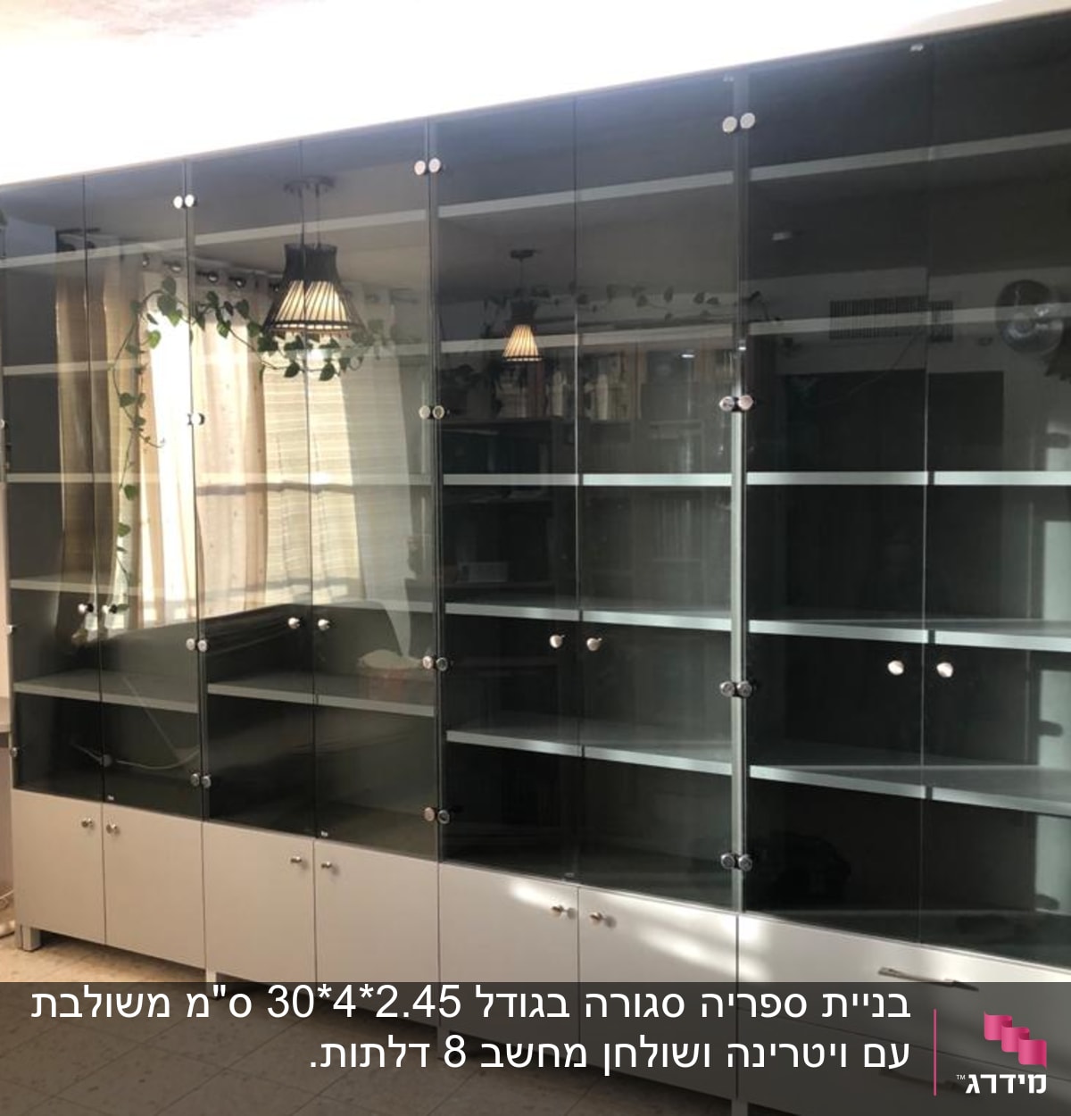 ארון זכוכית עם מדפים ודלתות שקופות